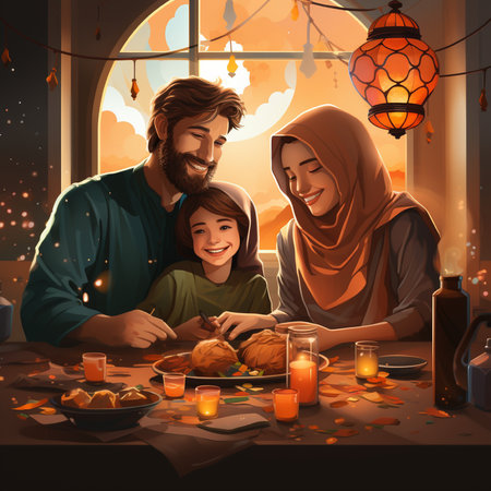 Happy family celebrating eid mubarak together at home. Ramadan Kareem concept.の素材
