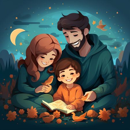 Happy family reading a book in the autumn forest. Father, mother and son cartoon vector illustrationの素材