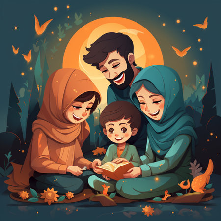 Happy muslim family reading holy book in the night, vector illustrationの素材