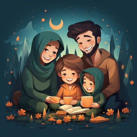 Happy muslim family spending time together in autumn forest. Vector illustrationの素材