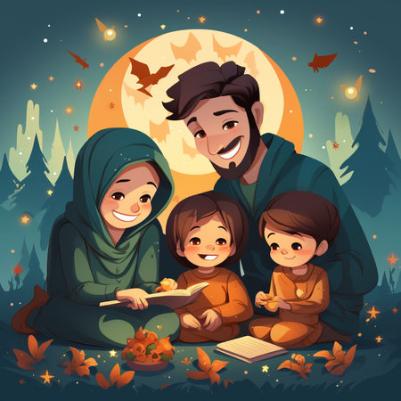 Happy muslim family spending time together at night. Cartoon vector illustrationの素材