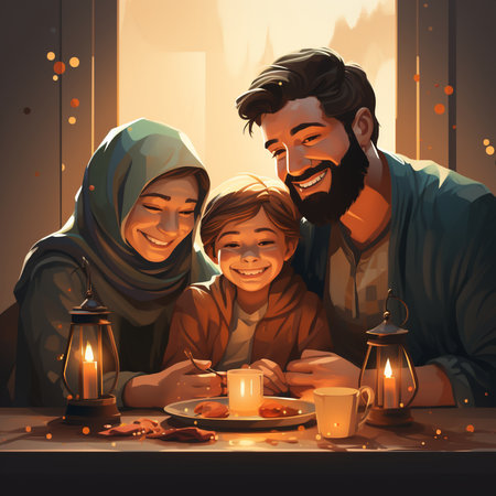 Happy muslim family spending time together at home. Ramadan Kareem.の素材