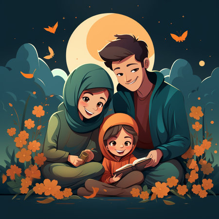 Happy family reading a book in the park at night. Vector illustrationの素材