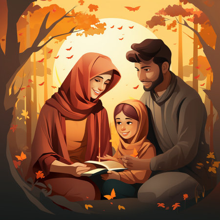Muslim family reading a book in the autumn forest. Vector illustration.の素材