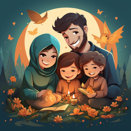 Happy muslim family reading holy book in the night. Vector illustrationの素材