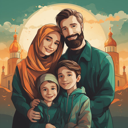 A Muslim family of four, parents and two sons, posing happily in front of Islamic architecture during sunset.の素材