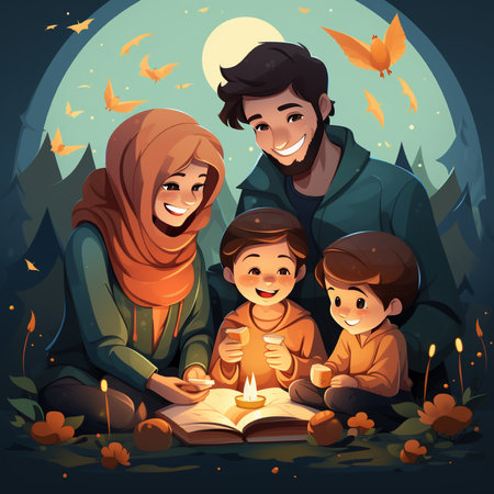Muslim family reading a holy book in the forest at night, vector illustrationの素材