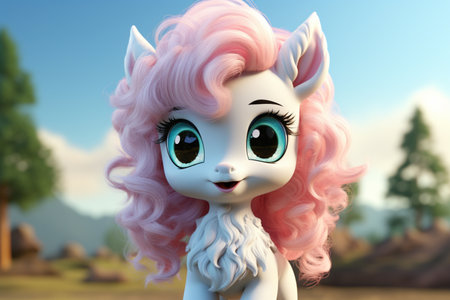 Cute cartoon unicorn with pink hair and blue eyes. 3d rendering.の素材