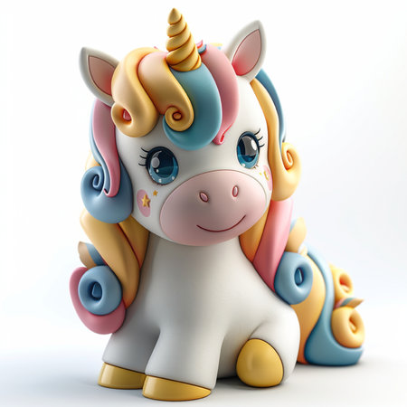 A charming, stylized cartoon unicorn with vibrant pastel mane and a sparkly golden horn, presented on a clean white backdrop.の素材