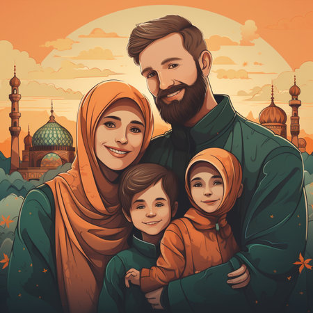 A joyful Muslim family of four poses for a portrait against a backdrop of mosques and a warm sunset.の素材