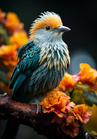 A detailed close-up of a colorful exotic bird with an orange crest and teal feathers resting on a branch with orange flowers.の素材