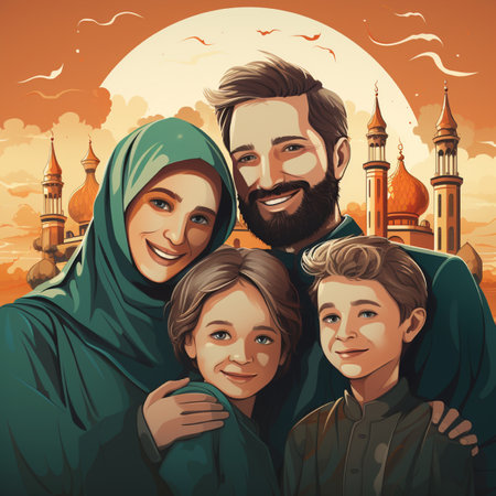 A joyful Muslim family stands together, with mosques and a sunset in the background.の素材