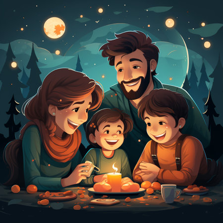 Happy family sitting at the table in the forest at night, vector illustrationの素材