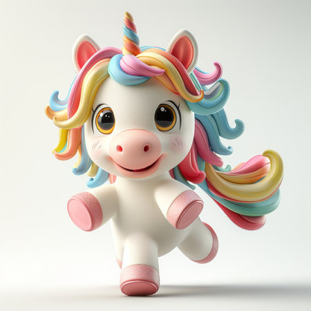 Cute unicorn with rainbow hair isolated on white background. 3d illustrationの素材