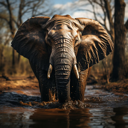 African elephant, Loxodonta africana, taking a bath in a waterhole in Kruger National Park, South Africaの素材