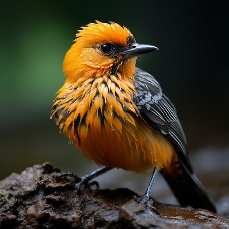 beautiful orange and black bird standing on the rock in the forestの素材