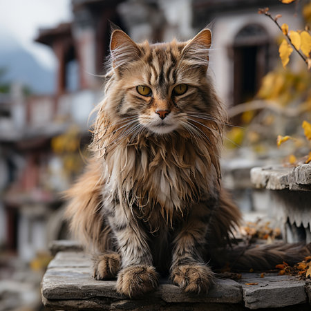 Portrait of a beautiful Maine Coon cat sitting on a wooden terraceの素材