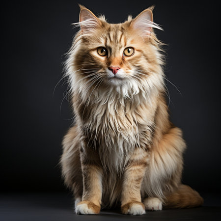 Beautiful maine coon cat sitting on black background. Studio shot.の素材