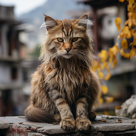 Portrait of a beautiful adult siberian cat on a background of autumn leavesの素材