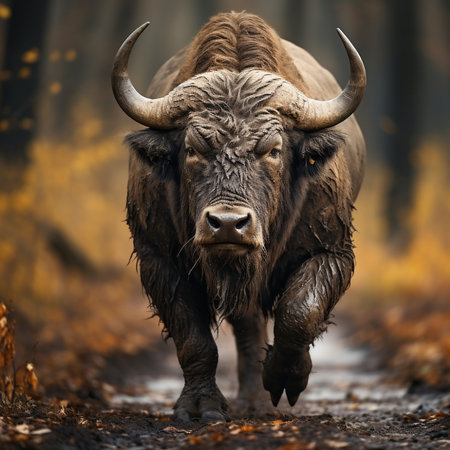 Bison in the autumn forest. Wildlife scene from nature. Wild animal.の素材