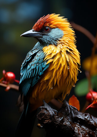 Beautiful colorful bird sitting on a branch in the forest. Close up.の素材