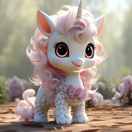 Cute cartoon unicorn with pink hair. 3d illustration. Fairy tale.の素材