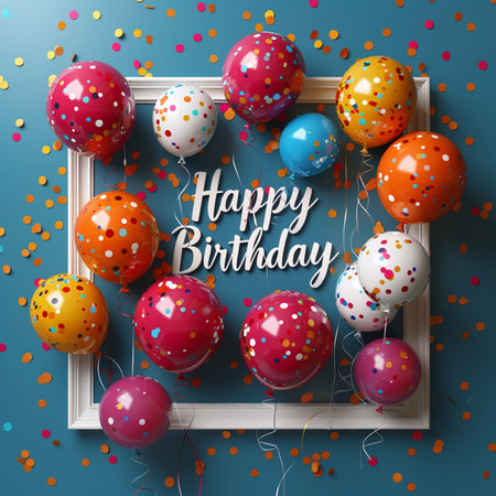 Happy Birthday Card with Colorful Balloons and Frame on Blue Background. Vector Illustrationの素材