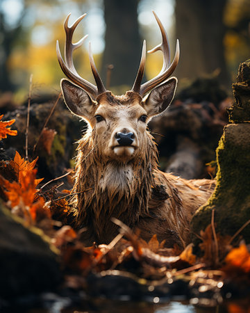 Portrait of a red deer in the autumn forest. Animal in nature.の素材