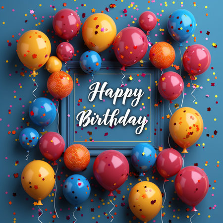 Happy Birthday Greeting Card with Balloons and Confetti. Vector Illustrationの素材