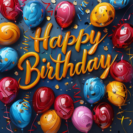 Happy Birthday greeting card with balloons and confetti. Vector illustration.の素材