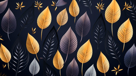 Tropical leaves seamless pattern on dark blue background. Vector illustration.の素材