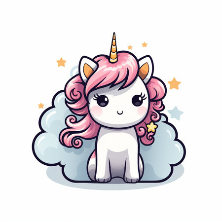 Cute cartoon unicorn on a cloud with stars. Vector illustration.の素材