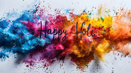 Happy Holi text written in colorful paint splashes on white backgroundの素材