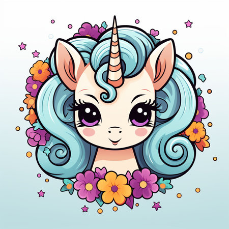 Cute cartoon unicorn with flowers and stars. Vector illustration for your designの素材