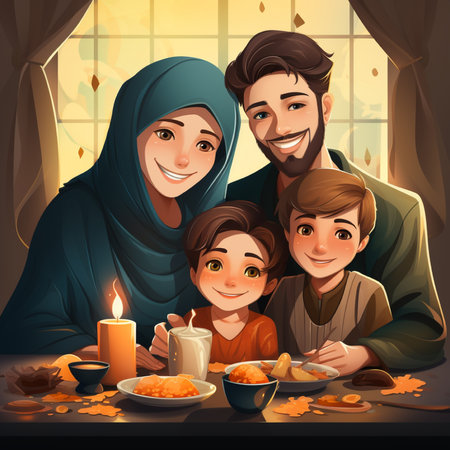 Happy muslim family at table in the room. Vector illustration.の素材
