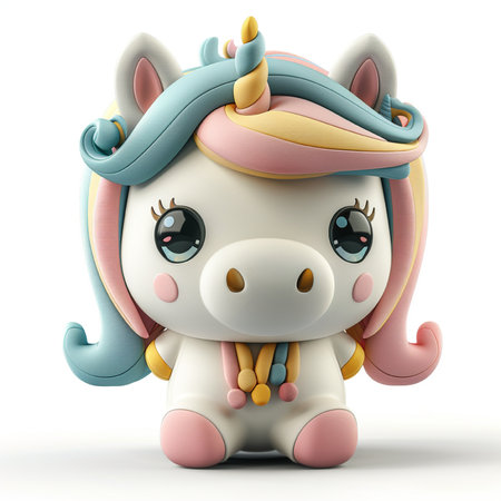Cute cartoon unicorn on a white background. 3D rendering.の素材