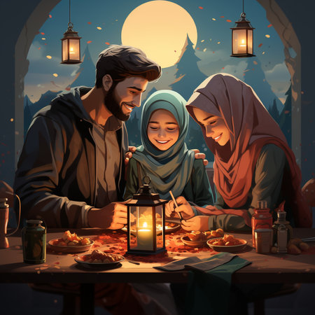 Muslim family praying at the table in the night. Ramadan Kareemの素材