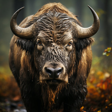Bison in the autumn forest. Wildlife scene from nature. Portrait of a wild animal.の素材