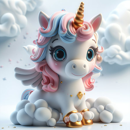 Cute unicorn with golden bells and clouds. 3D illustration.の素材