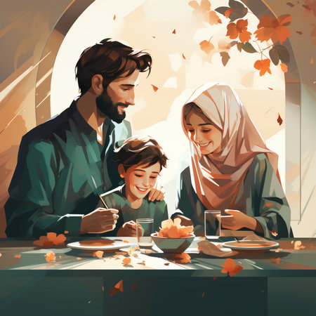Muslim family spending time together at the table with autumn leaves. Vector illustrationの素材