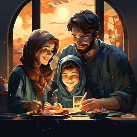 Happy family eating lunch in the kitchen at sunset. Vector illustration.の素材