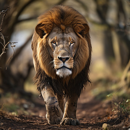 Male lion in Kruger National Park, South Africa ; Specie Panthera leo family of Felidaeの素材
