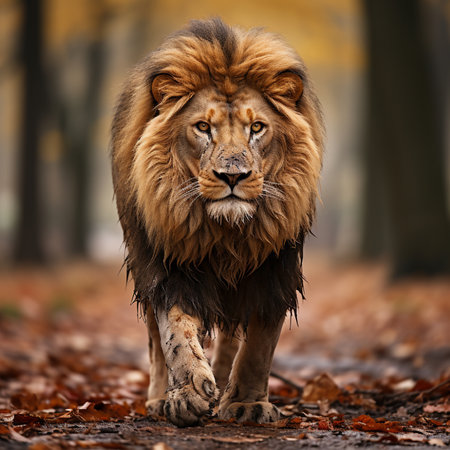 Portrait of big male lion walking in autumn forest. Side view.の素材