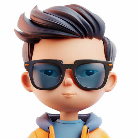 Stylized 3D cartoon boy character wearing glasses and a hoodie, depicted in a modern, youthful style.の素材