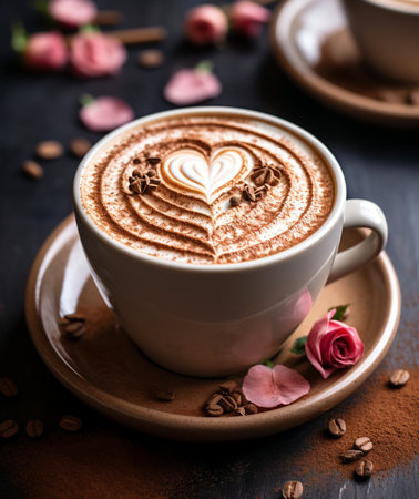 Close-up of a cappuccino in a white cup, featuring heart-shaped latte art, cocoa powder, and coffee beans. Elegant and romantic.の素材