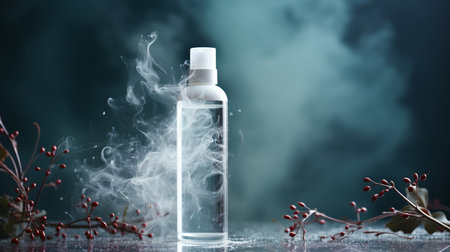 Clear spray bottle with white cap emitting smoke, set against a moody dark background with natural elements.の素材