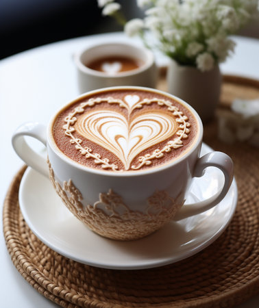 Close-up of a white coffee cup featuring beautiful latte art in a heart shape and decorative embossed patterns, placed on a woven mat.の素材