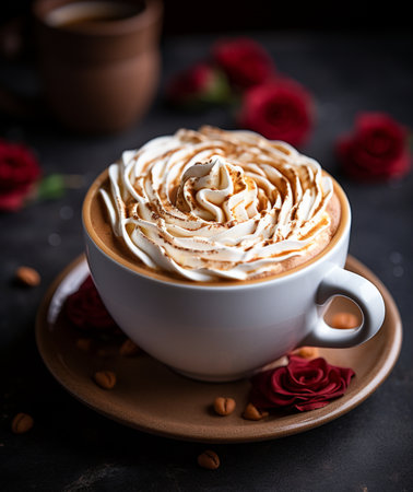 A beautiful white cup of coffee with whipped cream and cinnamon, surrounded by red roses and coffee beans.の素材