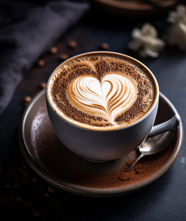 A detailed view of a freshly brewed coffee with intricate latte art in the shape of a heart, served on a saucer.の素材