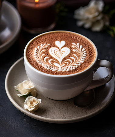 A steaming cup of hot chocolate or coffee featuring beautiful latte art, garnished with small white roses on a saucer.の素材